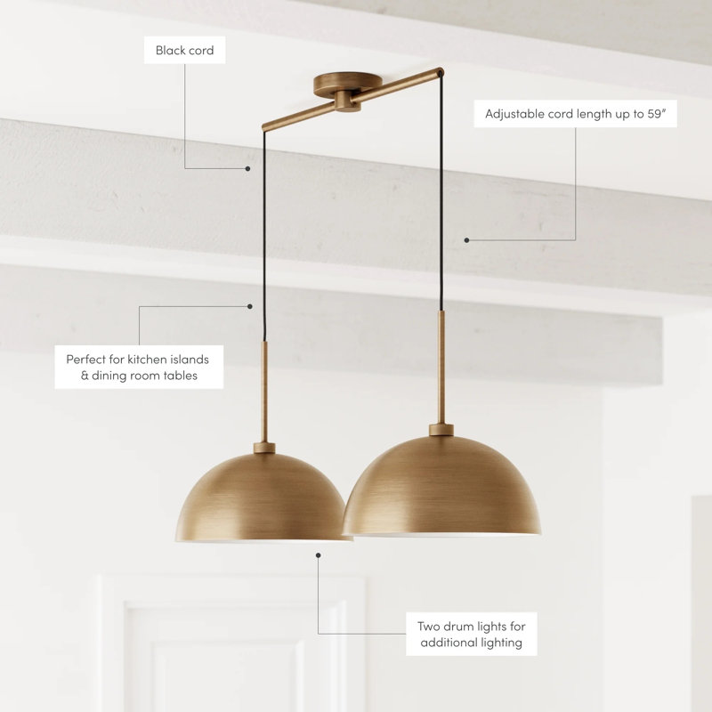2-Light Kitchen Island Pendant, Gold