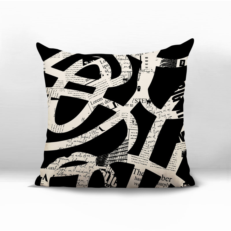 Oreiller carré réversible intérieur / extérieur Kaya, Noir / blanc cassé abstrait, H 15 po x l 15 po