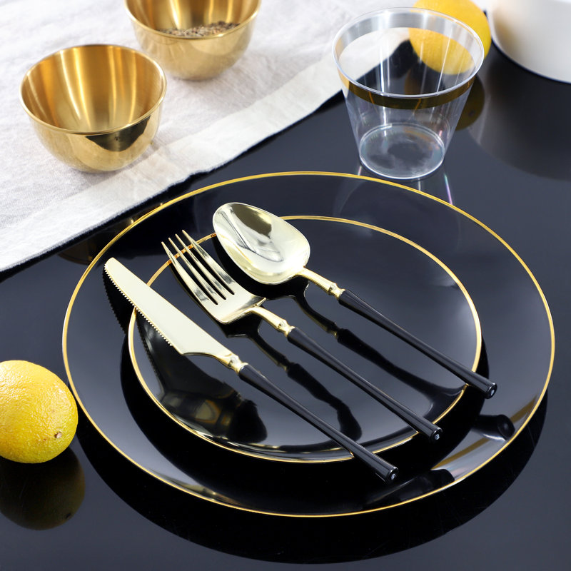  150 Piece Disposable Plastic Dinnerware Party Set for 25 Guests in Black with Gold Trim