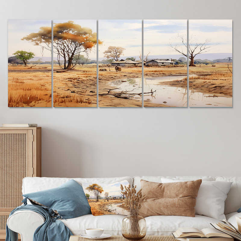 «Beige African Safari Landscape I - Afrique», ensemble de 5 décorations murales, H 28 po x l 60 po