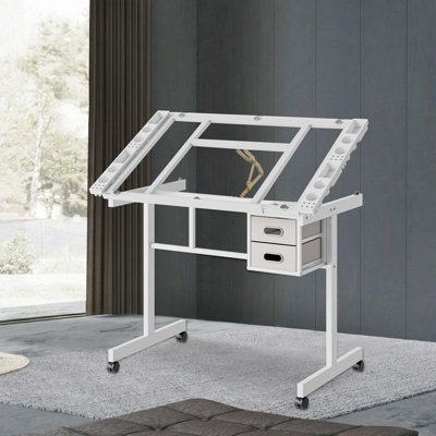 Adjustable Art Drawing Desk With Tilt Glass Top, Dual Fabric Drawers, Silent Locking Wheels, And Ergonomic Drafting Functionality.