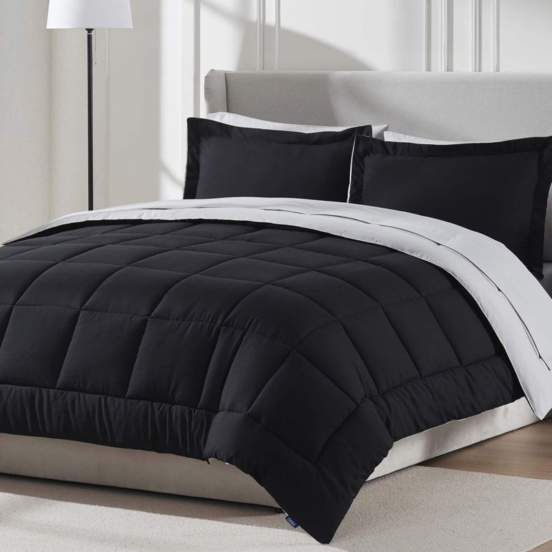 Bed-in-A-Bag Reversible Comforter Set with Bed Sheets, Black, Queen Comforter + 7 Additional Pieces