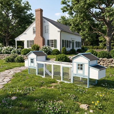 Grand poulailler en bois avec deux boîtes gigognes et cage de volaille d'extérieur en bois de sapin bleu et blanc avec toit en asphalte et plateaux coulissants