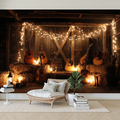Peel and Stick Wallpaper 144" W x 100" H Modern Self Adhesive Wall Mural for Bedroom Western Wild Wooden House Barn Lights Guitar Cowboy Boots Lantern