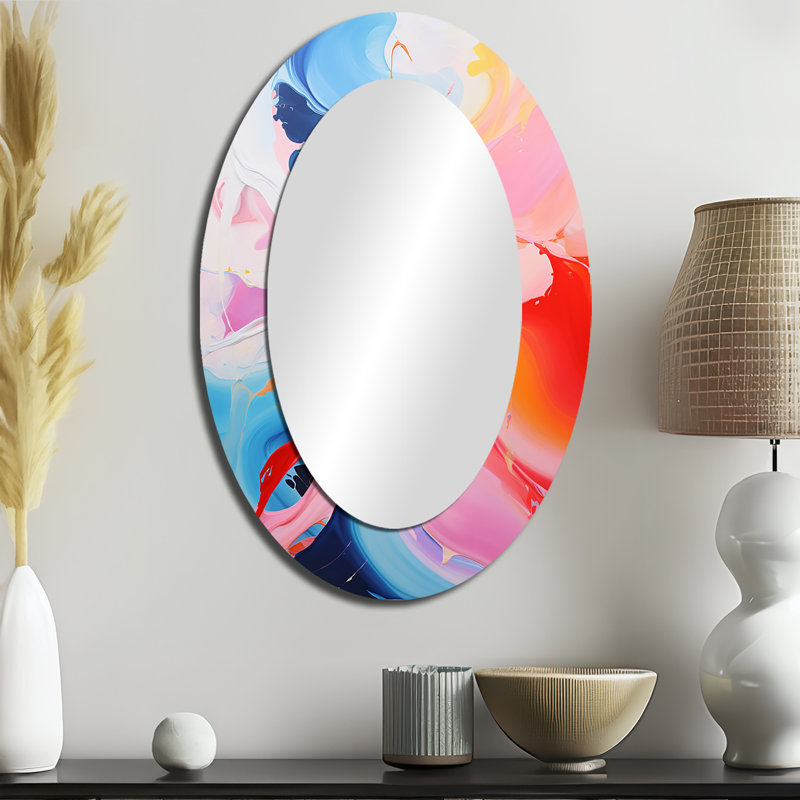 Bleu et rose tempête V - miroir décoratif ovale abstrait sur métal, H 36 po x l 24 po