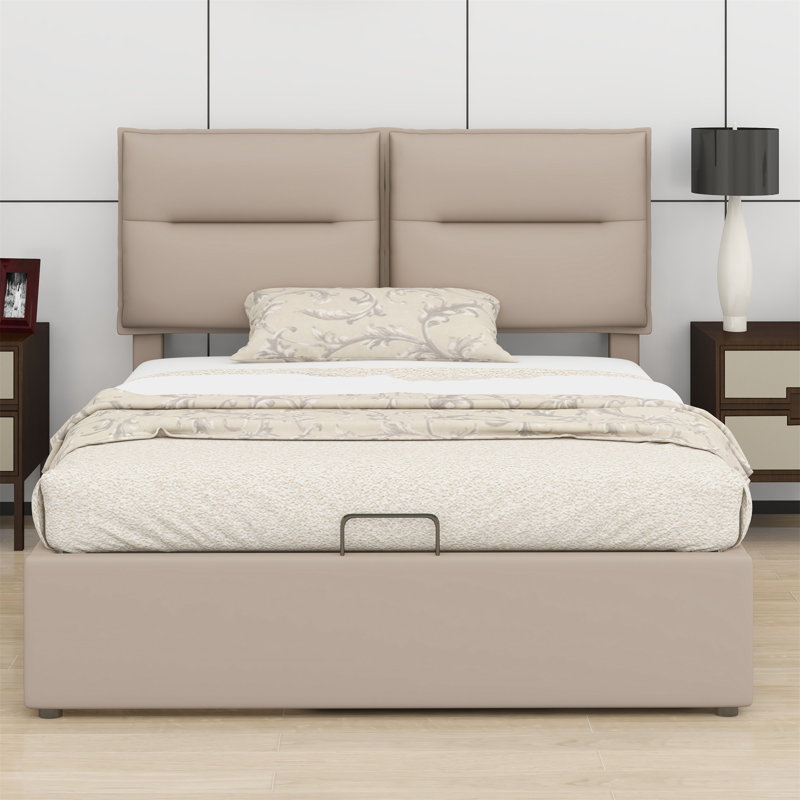Lit plateforme tapissier avec rangement, Complète, Beige