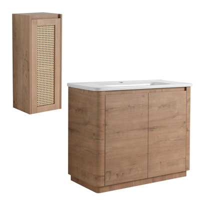 Meuble-lavabo autoportant de 40 po avec lavabo en céramique, 2 portes à fermeture douce et armoire latérale, emballage KD, contreplaqué