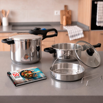 Magefesa Favorit Six Stainless Steel Pressure Cooker Set, 3.2 & 6.3 Qts, Induction Compatible, Heat Diffuser Base, 5 Safety Systems – Special Edition (Steam Basket, Lid & Recipe Book)