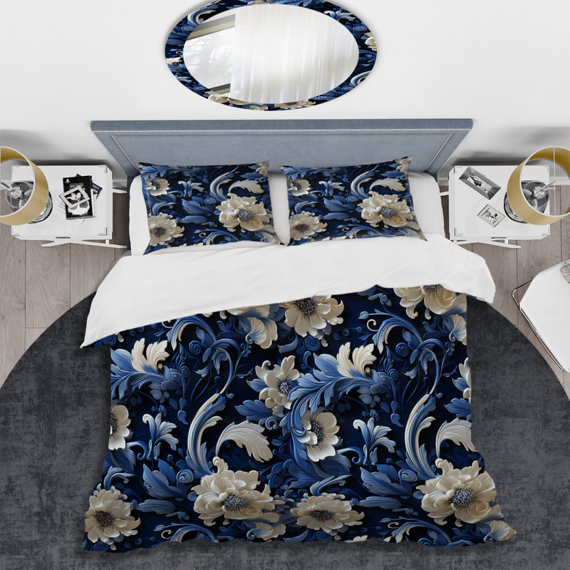 Literie à motif de volutes bleu cobalt, Housse de couette pour grand lit et 2 taies décor