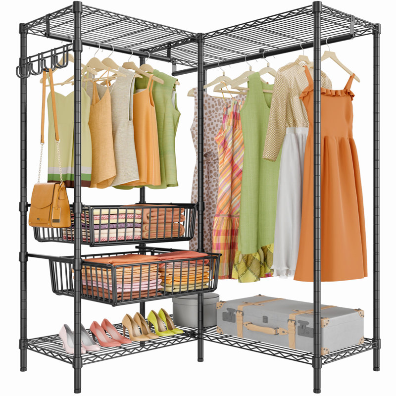 Black L-Shaped Metal Garment Rack with Slide Baskets and Shelves