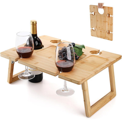 «Table de pique-nique en bois et champagne pliable - Plateau extérieur avec support en verre pour le parc, la plage, le camping, le lit - cadeau parfait pour les amateurs de vin»