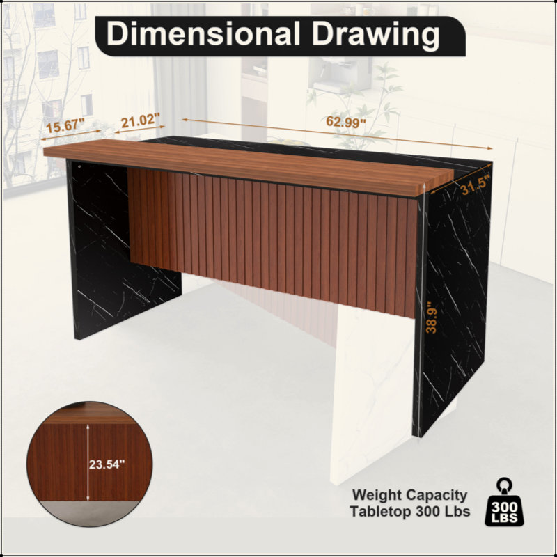 63" Modern Kitchen Island With Marble-Look Surface, LED Lights & Grille Design For Dining Room, Living Room, Walnut/Black