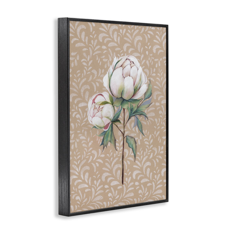 Motif de pivoines sur feuilles, estampe numérique, conception de Cady, H 18 po x l 12 po, Giclée encadrée noir minuit