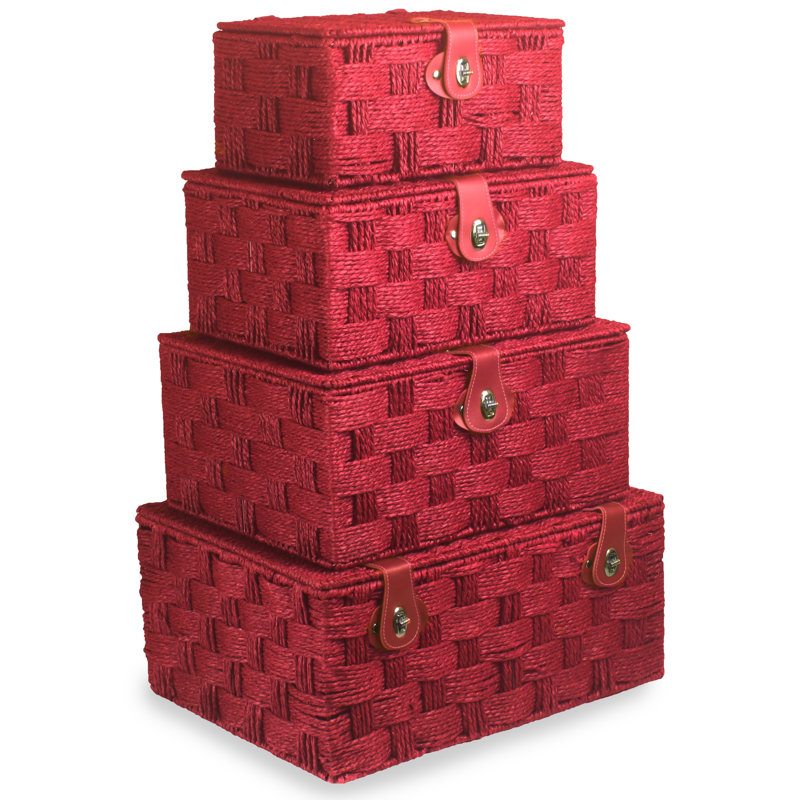Paper Rope 4 Piece Lidded Storage Basket Set, Red