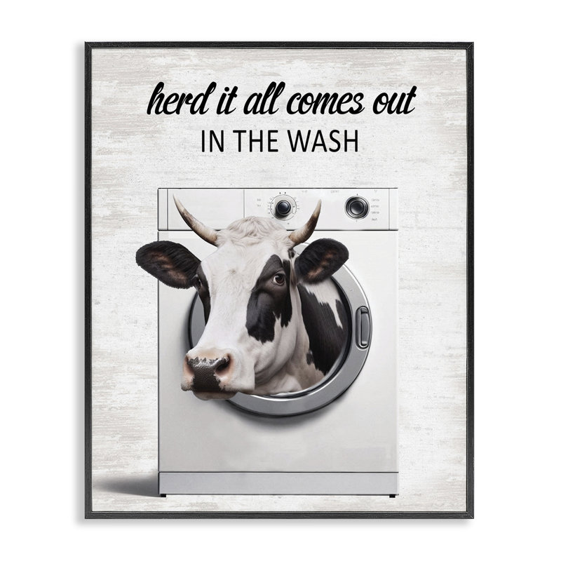 Vache et machine à laver, estampe numérique giclée par lettré et doublé, H 14 po x l 11 po, Giclée encadrée noir minuit