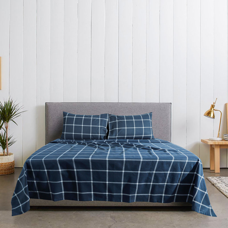 Ensemble de draps 100% flanelle de coton Prionto Davae, À carreaux, Très grand, Bleu marine