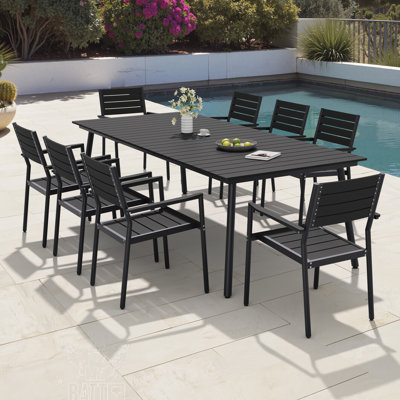  Georgean 8 - Person 94.5'' L  Aluminum Patio Dining Set with Stackable Chairs and Umbrella Hole