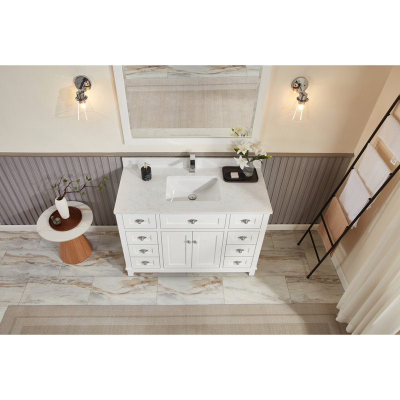 48" Solid Wood Sink Vanity With 1' Artificial Stone Top, Polished Chrome, White
