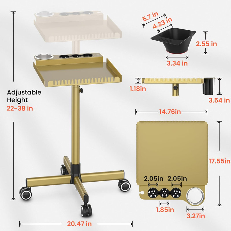 Plateau de salon doré à roulettes – Ensemble de plateau roulant pour salon avec bol magnétique pour teinture capillaire
