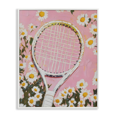 Raquette de tennis rose et marguerites encadrées, estampe numérique, design par LSR Design Studio