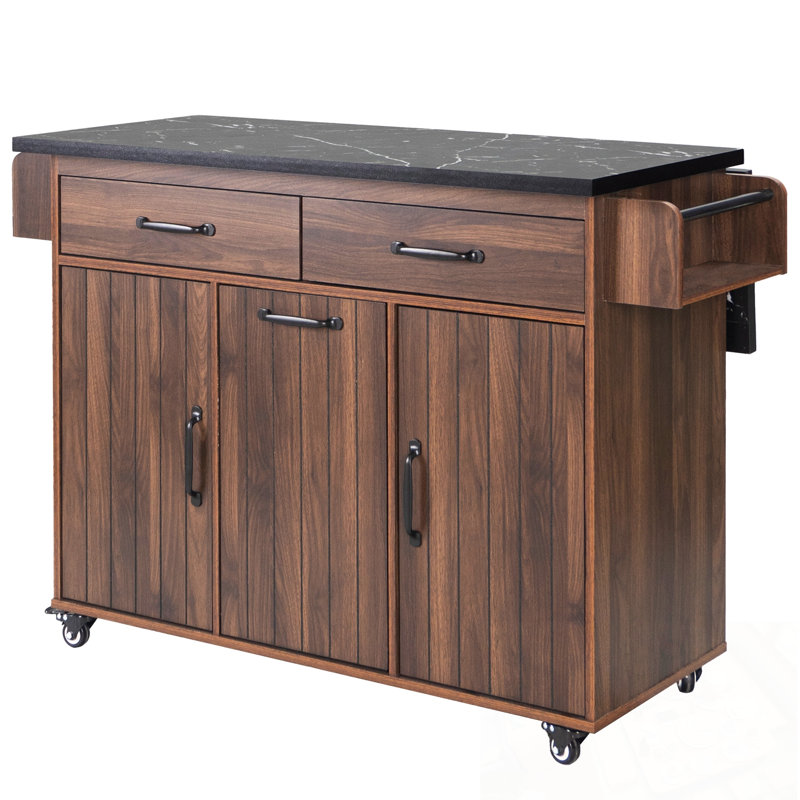 Kitchen Island with Adjustable Shelf, Spice & Towel Rack and Drawer, Walnut Brown