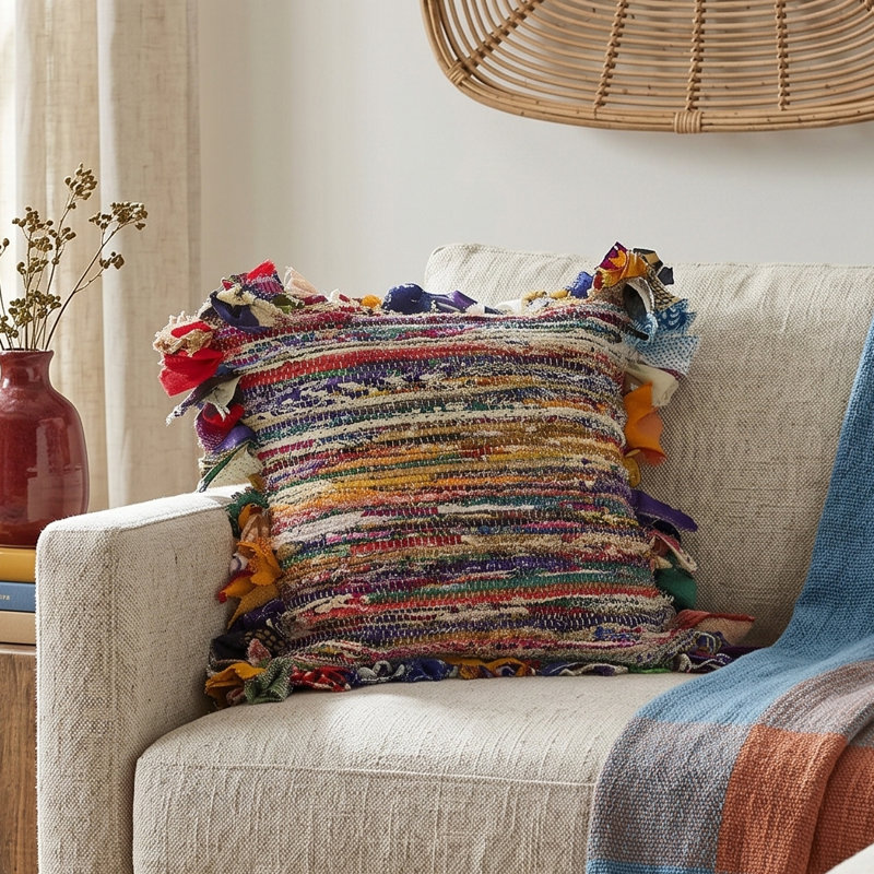 Rafi Multicolor Striped Chindi Hand-Woven Throw Pillow, Pillow Cover Only - No Insert, 18"H x 18"W