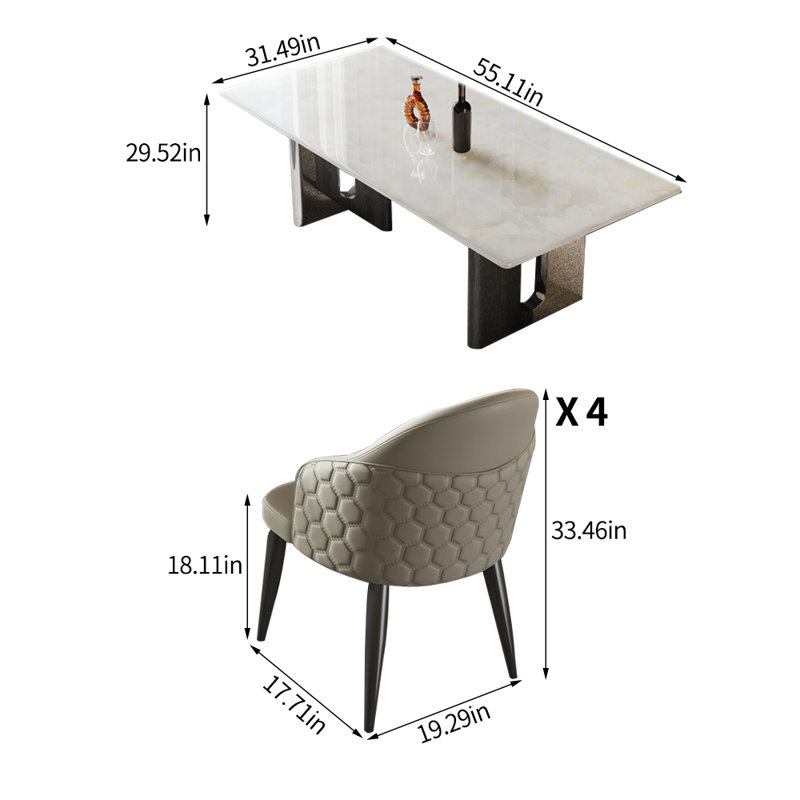 Modern Simple Rectangular Marble Dining Table Set, 29.52"H x 55.11"L x 31.49"W
