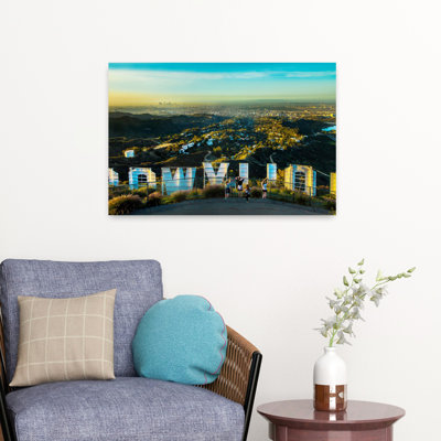 Friends Taking Pictures Behind The Hollywood Sign City Of Los Angeles Los Angeles County California Usa Tranquil Abstract Contemporary City Mountai...