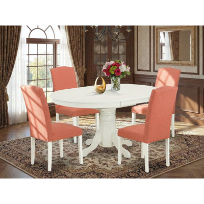 L'ensemble de table de cuisine 5 pièces pour 4 personnes comprend une table de salle à manger ovale en forme de papillon et 4 chaises rembourrées en similicuir flamant rose, lin blanc