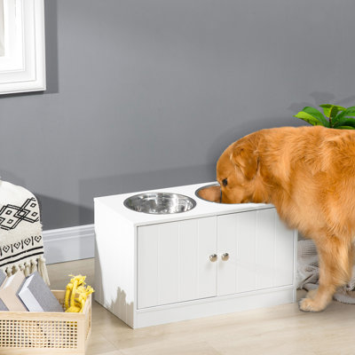 Armoire de rangement surélevée pour chien - L 23,5 po x l 11,59 po, capacité 67,6 oz, grande station d'alimentation blanche avec bols en acier inoxydable de 44 L