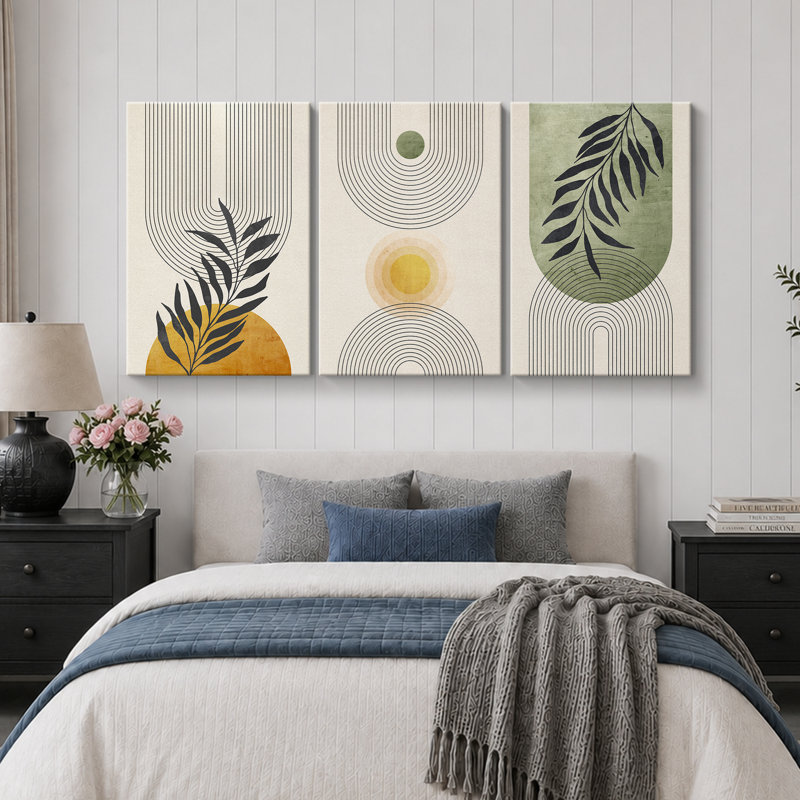 «Mid Century Modern Boho», pastel vert géométrique, feuille de palmier jungle, H 24 po x l 48 po, Toile tendue, Sans cadre