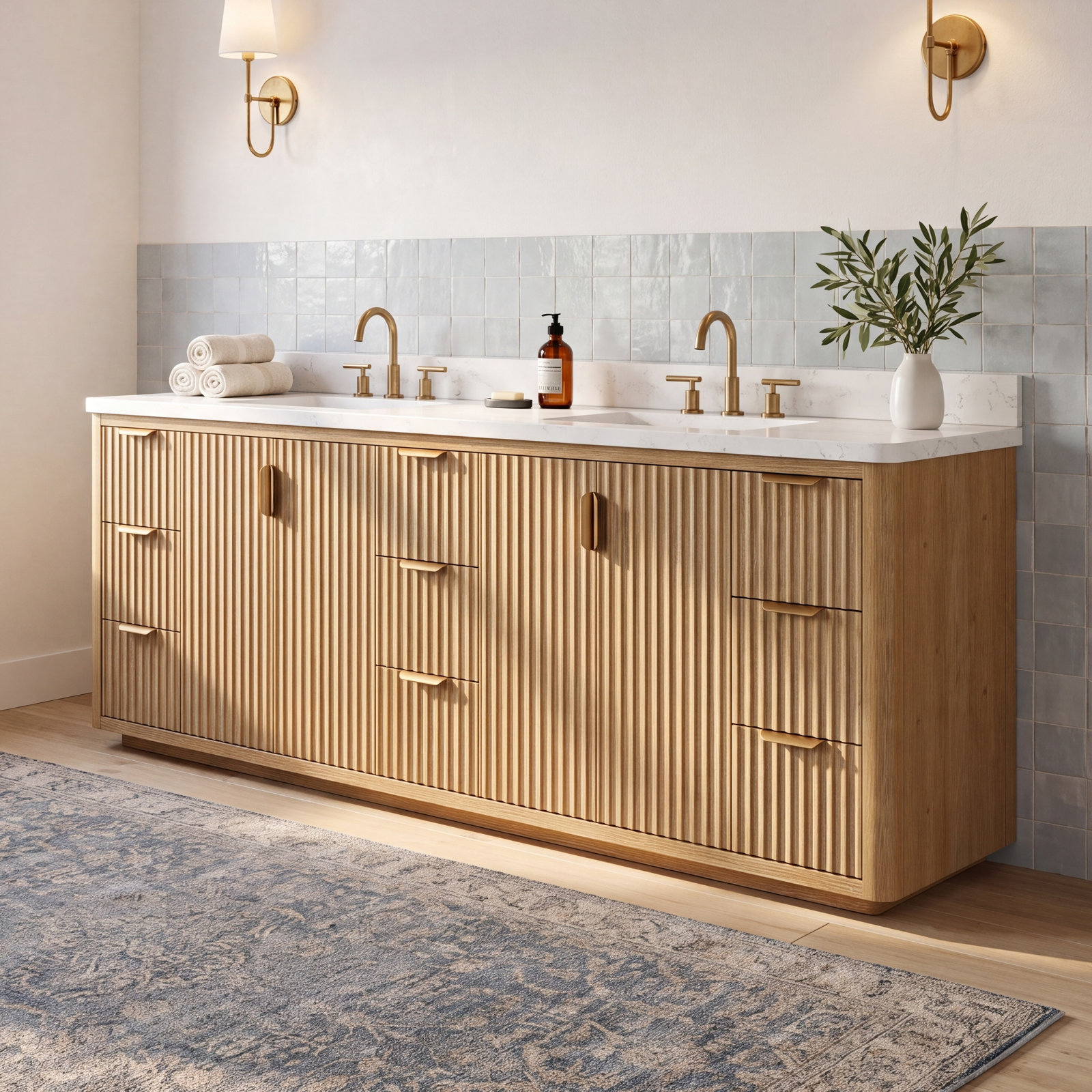 Adela 84'' Double Bathroom Vanity, White, Gold, Brown