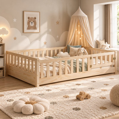 Sprout Full Montessori Solid Wood Floor Bed with Fence and Door