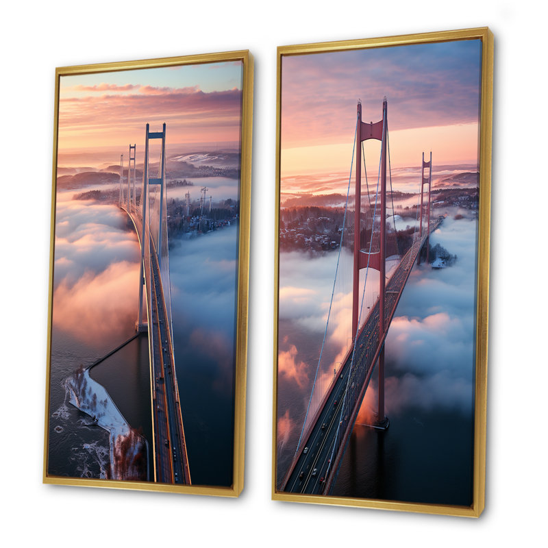 «Blue and Pink Bridge Sunset Views I», ensemble de 2 reproductions d'art mural, Cadre flottant doré, H 32 po x l 33 po