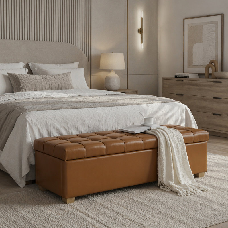Banc de rangement rembourré en polyuréthane de 60,2 po de large avec repose-pieds capitonné avec repose-pieds, Brown