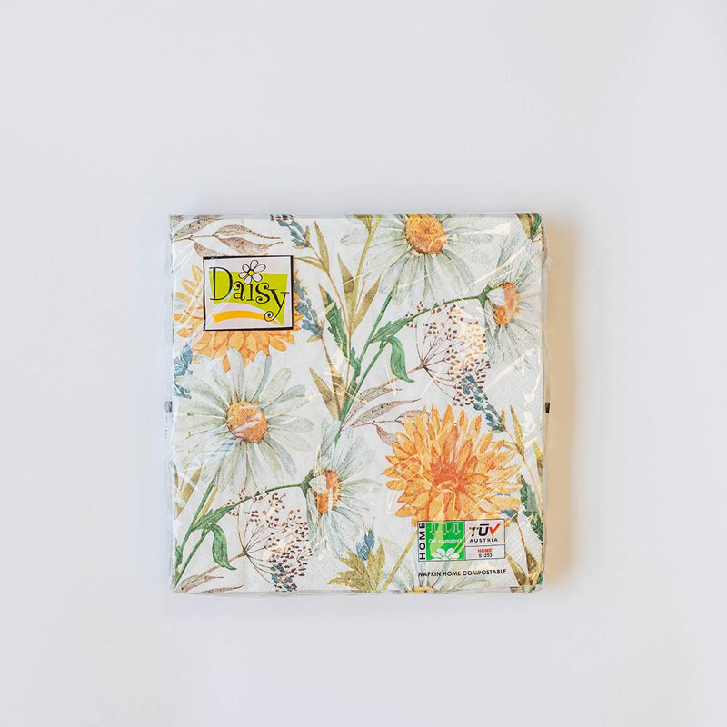 Ensemble de 20 serviettes blanches et marguerites dorées