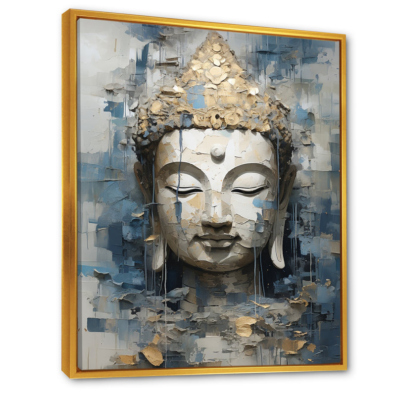 Statue religieuse du bouddhisme royal sur toile, Cadre flottant doré, H 32 po x l 16 po