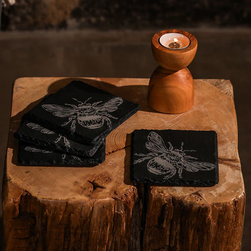4 Square Slate Coasters with Bee Design