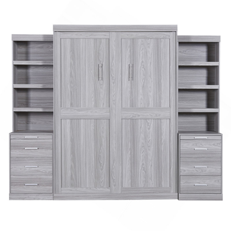 Lit escamotable double avec tablettes et tiroirs de rangement, gris