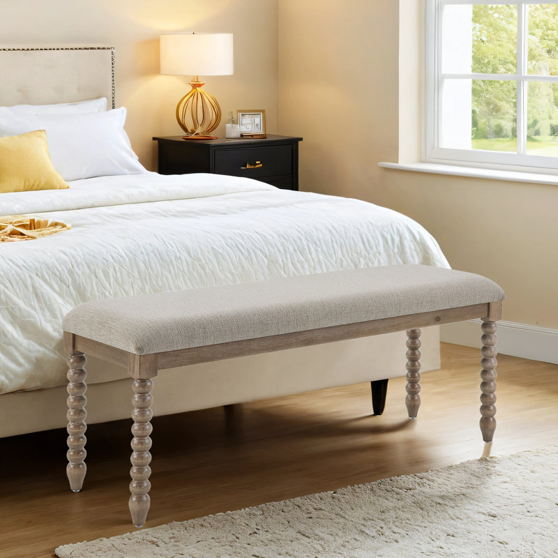 Eliyas 48" W Turned Leg Upholstered Bench, Cream/Brown