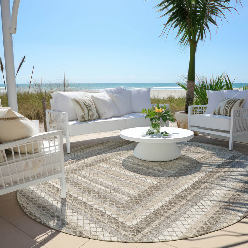 Tapis taupe Xhevrie intérieur / extérieur lavable à la machine, Rond 8 pi