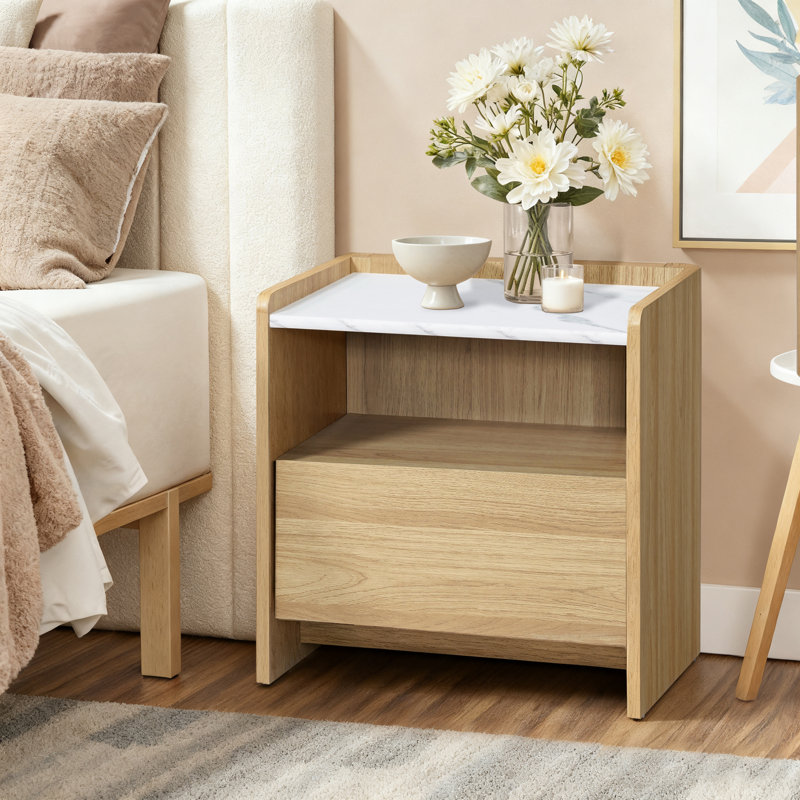 Table de chevet en chêne 18,8 po avec tiroir et plateau en faux marbre