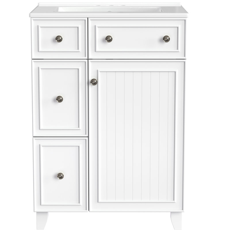 Meuble-lavabo 24 po. Lavabo en céramique. Gain de place pour les petites salles de bain. 2 tiroirs, 1 porte. Couleur blanche
