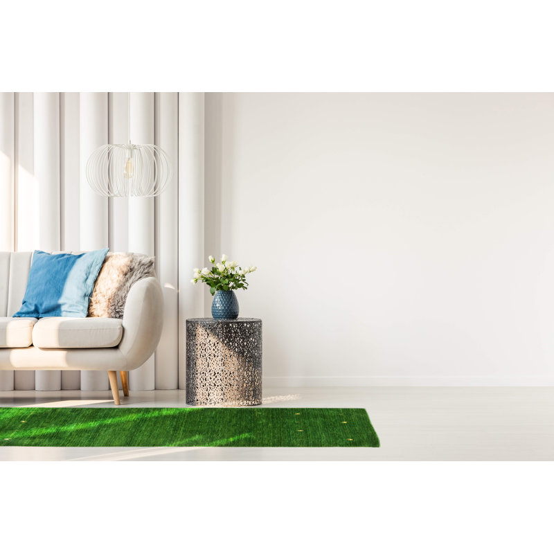Handwoven Wool Gabbeh Uni Green Rug, Runner 80 x 450cm