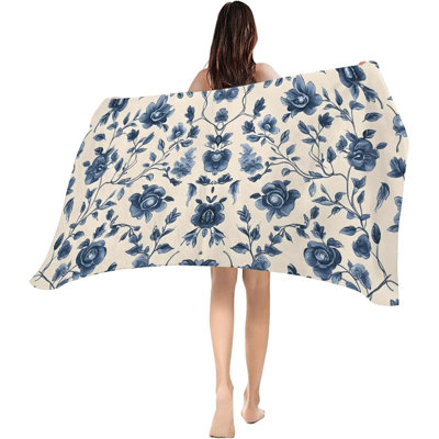 Beach Towels Navy Blue Floral Large Beach Towels Oversized Spring Vintage Flowers Botanical Lightweight Travel Towel,Soft Beach Bath Towel Swim Towels, 60 x 80 in