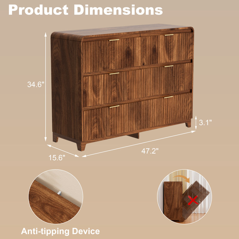 6 Drawer Dresser for Bedroom, Fluted Modern Chest of Drawers with Mrtal Handle for Living Room, Walnut , Walnut