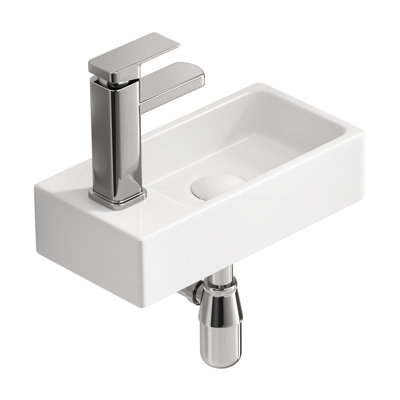 Topcraft 14.57" X 7.09" White Rectangular Wall-Mount Bathroom Ceramic Sink With Faucet And Drain Assembly - Left Side