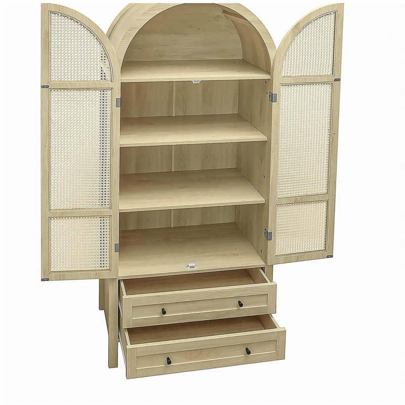 70.28" Tall Arched Kitchen Pantry, Arched Storage Display Cabinet with 2 Drawers & Adjustable Shelves,Rattan Door Versatile Storage Cabinet for Kitchen, Dining Room, Living Room