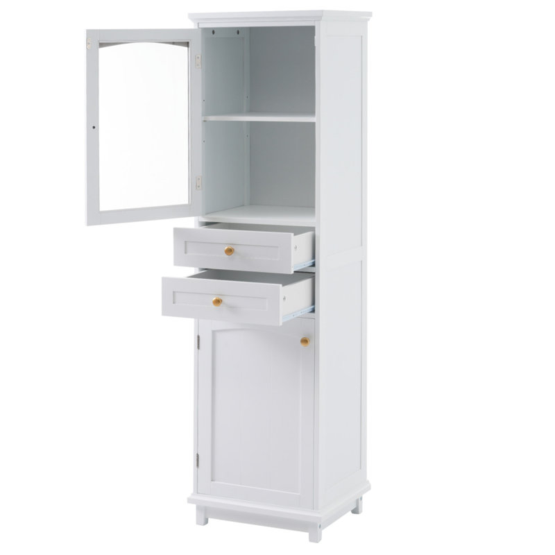 Tall Bathroom Storage Cabinet With Glass Doors, Free-Standing, Two Drawers, And Adjustable Shelves, MDF Board, Painted White - Perfect For Displaying Your Favorite Items