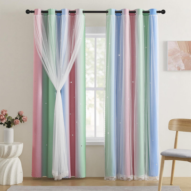 Rideaux arc-en-ciel pour chambre d'enfant - occultant, 1 panneau avec décalcomanies murales licorne, L 34 po x L 63 po